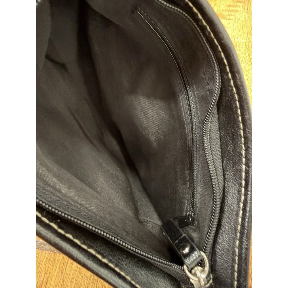 Vtg Y2K Small Baguette Shoulder Bag Brown Canvas Jacquard Black Leather Trim